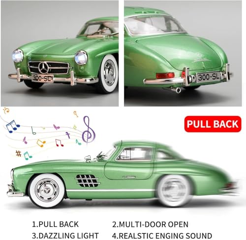 Image of Benz 300 SL Classic Car Model Zinc Alloy Pull Back Toy Car with Sound & Light, for Kids, Boys & Girls, Ages 3+ (Green)