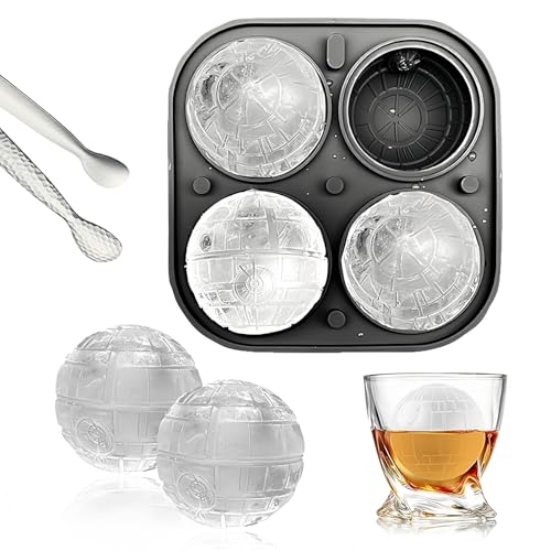 Molde de silicona para cubitos de hielo FainFun 3D grande con tapa, reutilizable, forma de bola, fácil de aflojar, para hielo, whisky, cóctel, zumo (1, estrella de la muerte 4)
