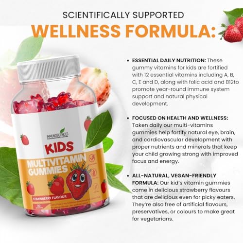 Image of Premium Kids Multivitamin Gummies with Vitamin A, E, C, D, B12, B3, B6, & Folic Acid for Immunity, Strawberry Flavour, Vegan, Preservative & Gluten Free - 30 Count (1)