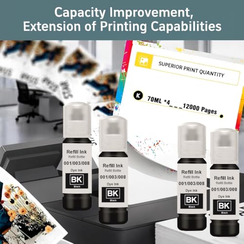 Image of KOSH 003 Refill Ink Compatible for Epson L3110, L3150, L3250, L3252 L3115, L3116, L3101, L3210, L3215, L3216, L3151, L3152, L3156, L5190 Printers (Black X 4)