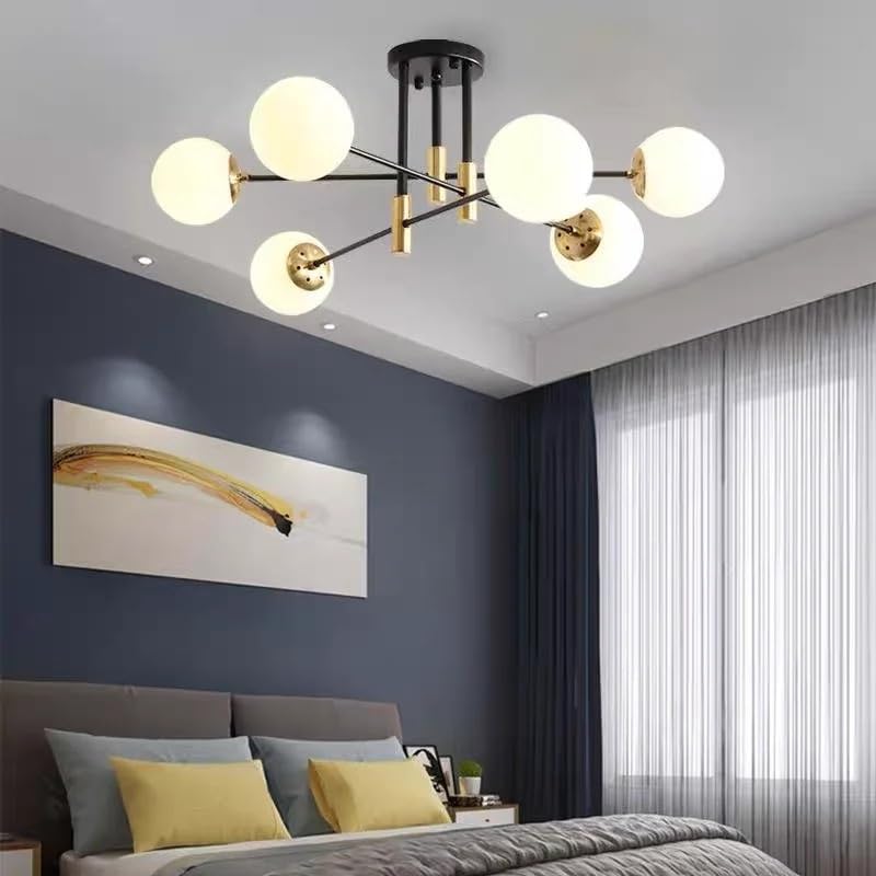 Lustre boule verre opalin design nordique à 6 lampes LED pour salon élégant