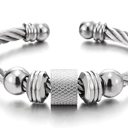 Steel Twisted Cable Cuff Bangle Bracelet for Men Women with Beads Charms, Polished Adjustable2