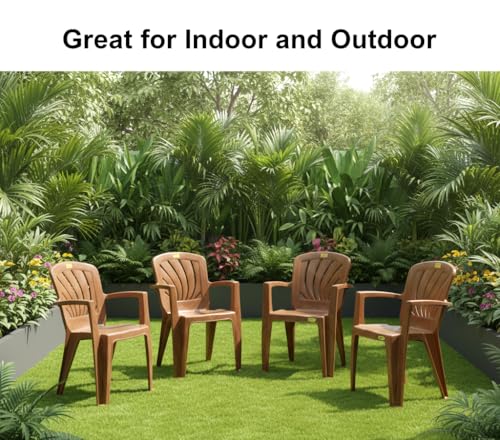 Image of Patiofy Plastic Chair for Home & Outdoor Use | Heavy Duty Comfortable Chair with Strong Legs | Stackable, Easy to Clean | Suitable for Living Room, Balcony, Patio Pack of 4 (Elba Sandalwood)
