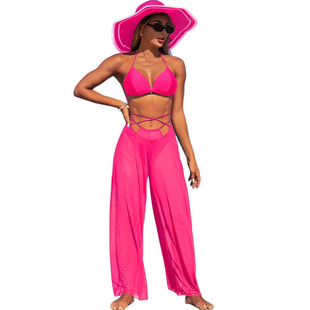 XYFfybhsd Women's Solid Three-Piece Bikini Swimsuit Set Quick-Drying High Elastic(Size:M,Color:Pink)