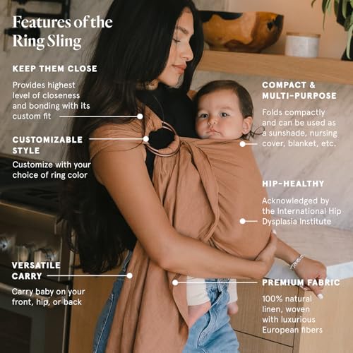 Image of WildBird - Ring Sling Baby Carrier - 0-36 Months (up to 35 lbs) - Long (90 inch) Willow & Gold Ring - Front, Hip or Back Carry - Adjustable Fit - Natural Linen - Baby Essentials - New Mom Gifts