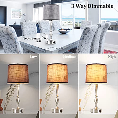 Dott Arts 24.8'' Table Lamps For Bedroom Set Of 2, Modern Bedside Lamps With Dual Usb Charging Ports, 3 Way Dimmable Touch Control Nightstand Lamp Nickel Finish Large Table Lamps For Living Room(Gray) #TOP2