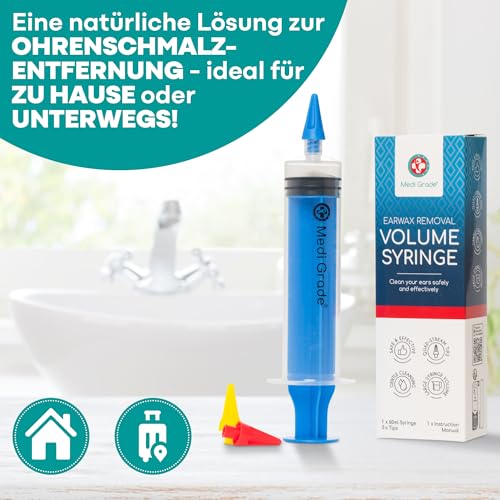 Ohrenschmalz Entferner Set – Ohrenreiniger für Zuhause von Medi Grade mit 3 x Sanften Quad-Stream – Ohrreiniger für Erwachsene – 60 ml Ohrenspritze, Spitzen - Ohrreiniger
