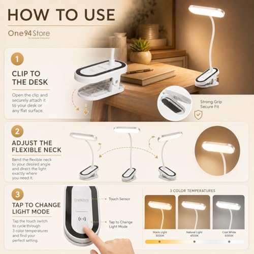 Image of One94Store FlexiBeam Design Rechargeable LED Clip Lamp | Wide Beam Flexible Desk & Bedside Light | USB Powered Study & Reading Lamp with Clamp Base | White