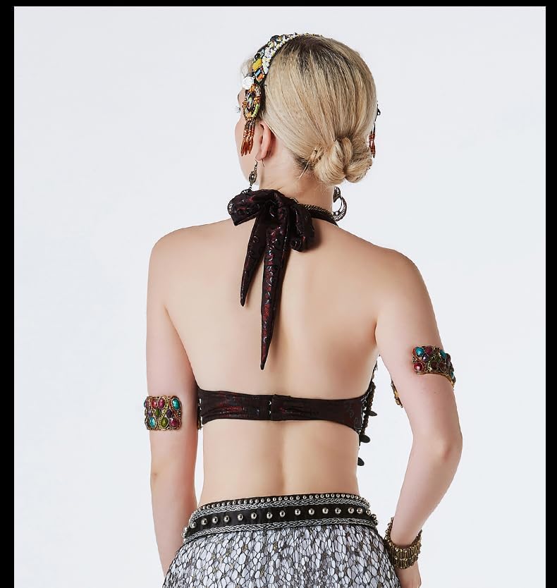 Belly Dance Tribal Bra Top Costume with Shell Embellishments, Beaded Chains, Halter Neck, Handmade Jewelry Decor