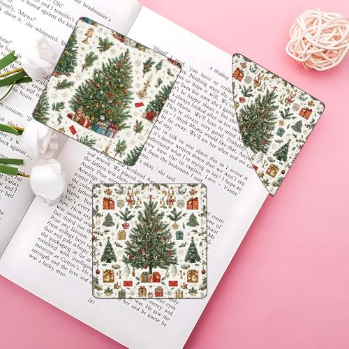 Image of 2Pcs Vintage Christmas Tree Corner Bookmarks, Handmade PU Leather Page Corner Protectors, Retro Holiday Art Stationery Gift for Book Lovers, Kids, Teachers, Reading Accessories 3.54 inch