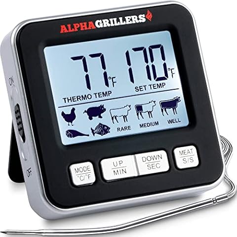 Alpha Grillers Food & Meat Thermometer w/ Temperature Probe, Leave in Digital Oven Thermometer for Cooking in The Kitchen & Grilling with 7 Preset Temperatures & Timer Cover