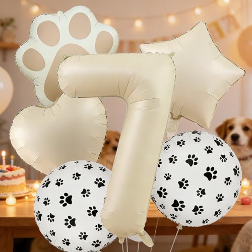 Image of 7th Birthday Dog Paw Balloons Set,18'' Paw Prints, Heart,Star,Paw Shaped Foil Balloon 40 Inch Cream Number 7 Helium balloons for Puppy Themed Third Anniversary Birthday Party Decorations Supplies 6PCS