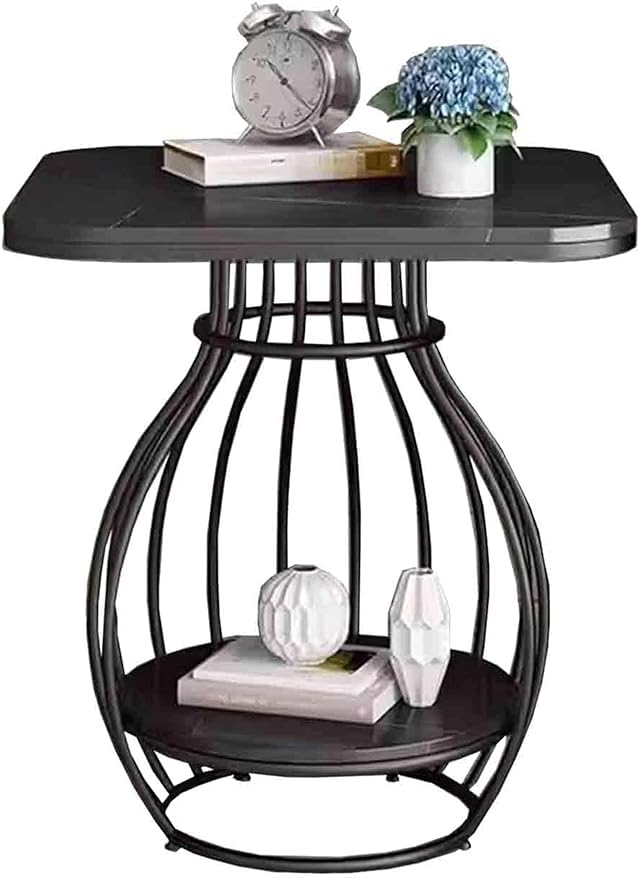Image of Modern Side Table Corners Living Room Square Table Double Tier Sofa Side Table,Round Base Coffee Table,Portable Bedroom Nightstands Small Space (Black)