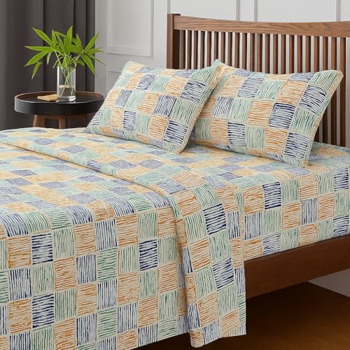 Image of 100% Cotton Bedsheet for Double Bed, 144 TC | Flat Sheet with 2 Pillow Covers | Soft & Breathable Brush Art Print - Blue Chadar Set