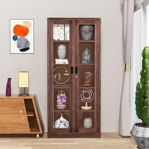LISSIMO Glass Display Cabinet,Metal Storage Cabinet Bookcase with Glass Doors and 4 Adjustable Shelves,Curio Cabinet Liquor Cabinet with Lock for Home,Office and Exhibition Hall (Rustic Brown) Cover