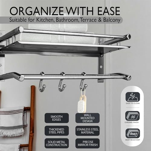 Image of Zureni 304 Grade Stainless Steel Towel Holder Double Layer Chrome Finish Stand Multipurpose Hanger Wall Mount Bath Kitchen Bathroom Accessories Rack Shelf Organizer (Silver, Set of 1, 1001A)