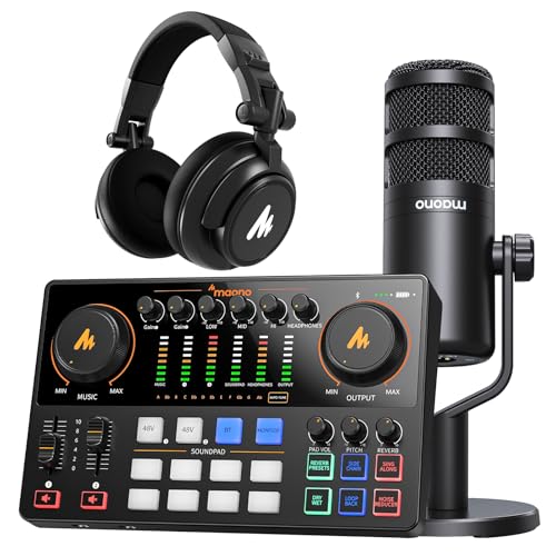 MAONO Podcast Equipment Bundle: Audio Interface, XLR Dynamic Mic and Headphones with Dual XLR Input, Quick to Mute, Noise Reduction, 8 Customize soundpads for Podcast Recording, Streaming, YouTube