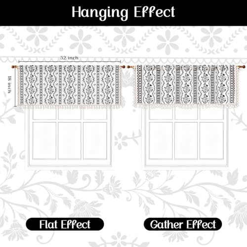 Image of Yinhua Boho Valance Curtains Vintage Linen Kitchen Valances for Windows Light Filtering Bohemian Floral Valance Rod Pocket Tassel Window Valances for Bathroom Cafe, 52 inch W X 18 inch L, White Black
