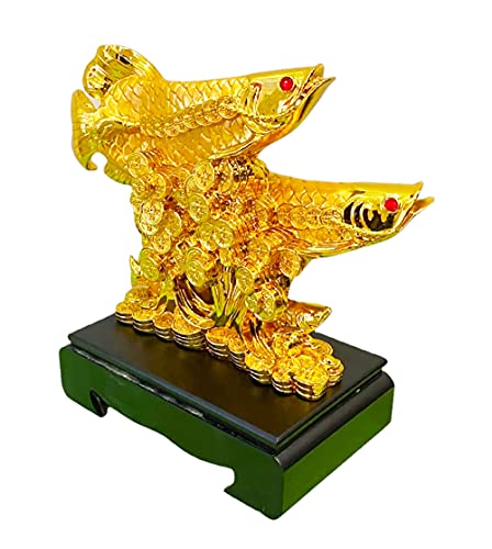 Image of Fengshui Exclusive Polyresin Set of 1 X-Large Golden Big Size Polyresin Double Arowana Fish with Money Coins Showpiece for Office Decor, Home Decoration (AF-2618)