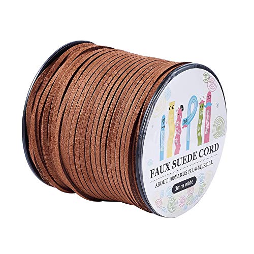 Pandahall 98Yard 90m/roll 3x1.4mm Faux Suede Cord String Leather Lace Beading Thread Suede Lace Double Sided with Roll Spool 295feet SaddleBrown
