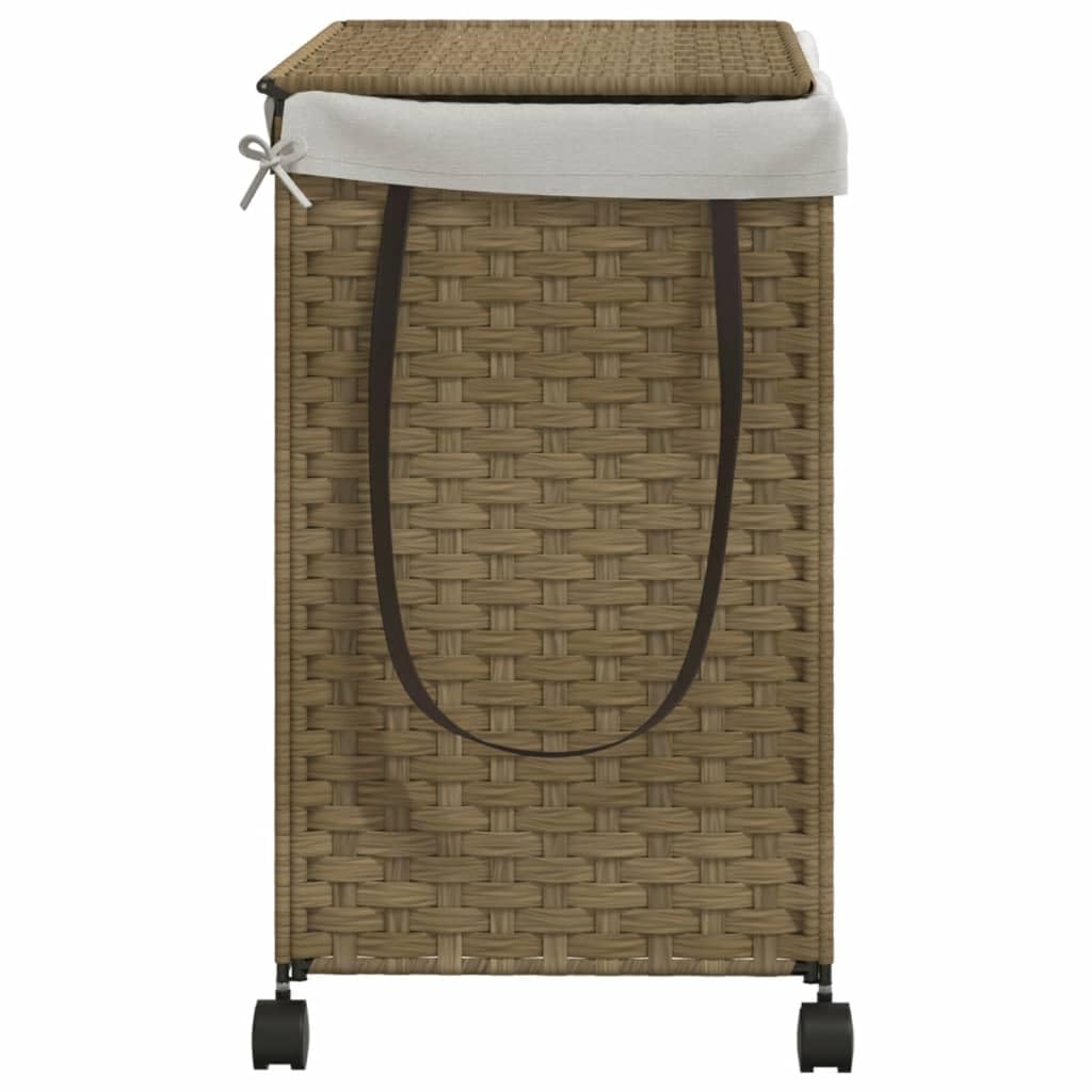 Kosz na pranie na kółkach 60 x 35 x 60,5 cm, rattanowy kosz na pranie z 3 przegródkami, do sortowania, do łazienki, mieszkania, ze składanym wzorem i 4 rolkami