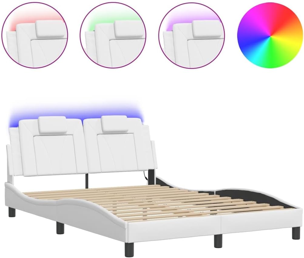 Bed Frame Viana with LED Lights White Faux Leather Platform Foundation 53.9"x74.8" Sturdy Slatted Heavy-Duty Headboard Modern Bedroom Furniture