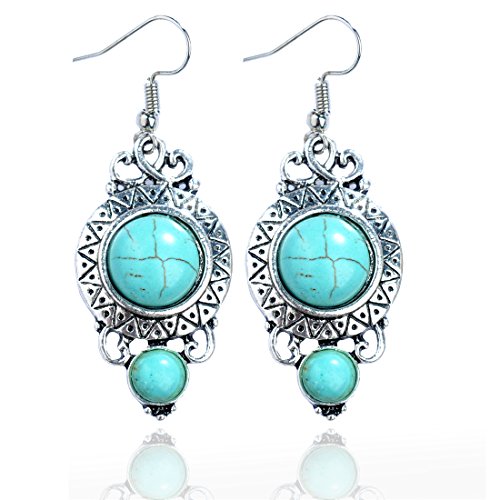 TS Tirbal Retro Bohemia Earrings Tassel Leaf Drop Dangle Earrings (2 circle turquoise)