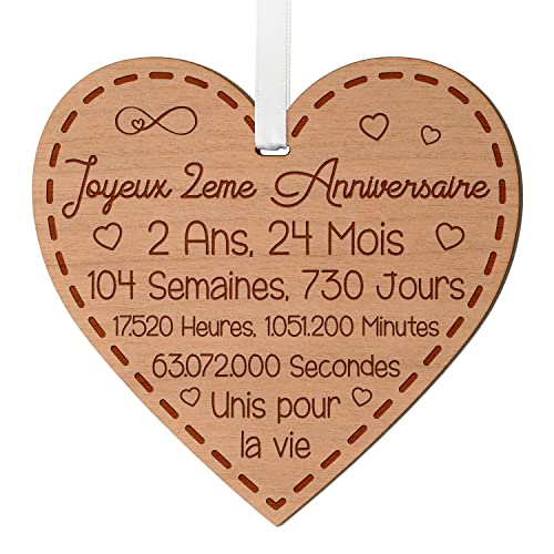 Cadeau Anniversaire De Mariage 2 Ans - Idée Cadeau Souvenir Anniversaire De Mariage pour Femme en Bois - Cadeau Cœur Gravé Souvenir 2 Ans De Mariage Homme...