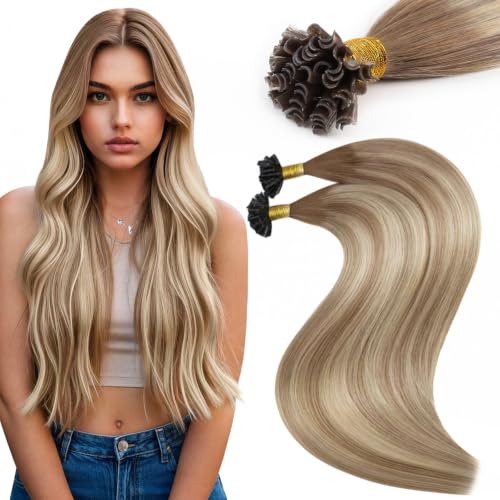 Moresoo U Tip Hair Extensions Human Hair, Brown Sun-Kissed Blonde, 14 Inch