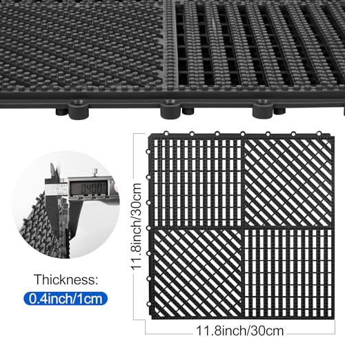 Image of ToLanbbt Modular Interlocking Cushion 12P 11.8 inch x 11.8 inch Interlocking Rubber Floor Drain Holes Non-Slip Splicing Drainage Mats for Deck, Shower, Kitchen, Drain Pool, Sauna Bath (Black, 2 Rows Dots)