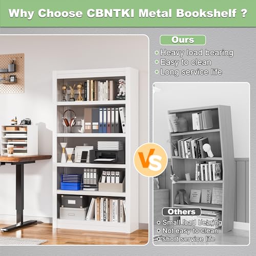 61'' Tall Metal Bookcase,Modern 5 Tier Bookshelf,White Open Adjustable Bookcases,Large Heavy Duty Display Bookshelves for Library,Office,Bedroom,Living Room - Image 5