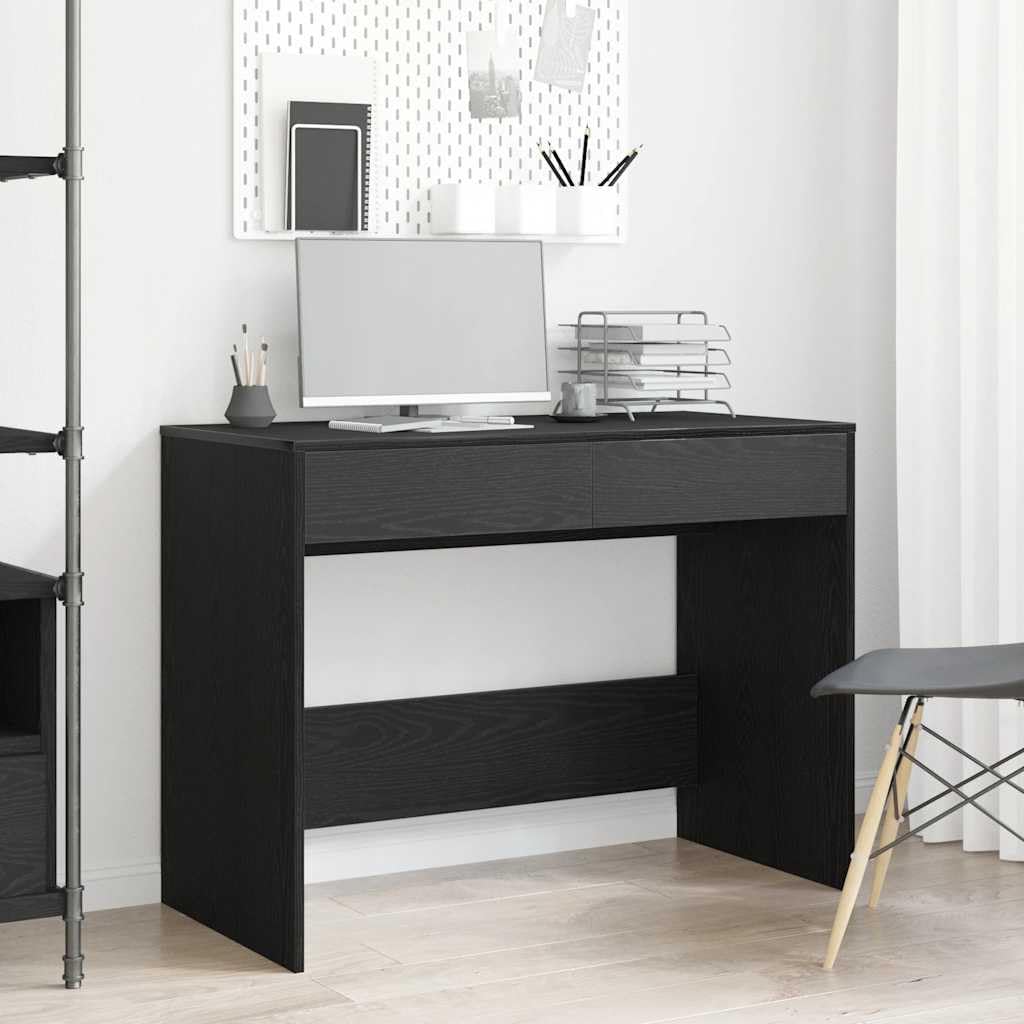 Escritorio de aspecto de roble negro 101 x 50 x 76,5 cm, mesa de trabajo con 2 cajones, amplia mesa para ordenador y suministros de oficina, superficie de fácil cuidado