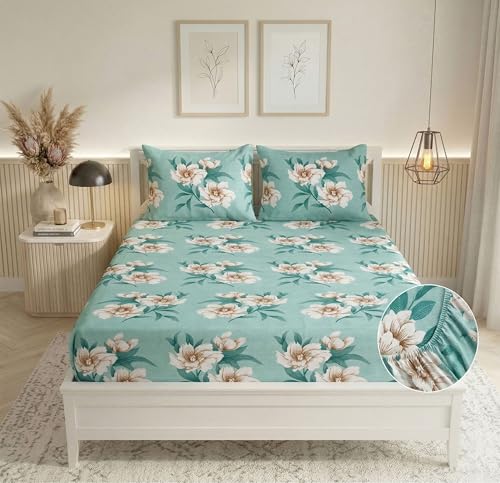 Image of BSB HOME 210 TC Cotton Double Bedsheet with 2 Pillow Covers, Soft Breathable Fabric, Elastic Fitted Sheet, Wrinkle Resistant, Deep Pocket Fit - 78 x 72 + 10 Inches (Dusty Sage)