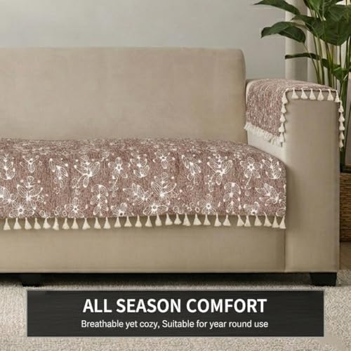 Image of STITCHNEST Woven Fabric Sofa Cover 2 Seater with 2 Hand Rest Covers - Washable Brown Sofa Cover with Tassels - Durable Premium Fabric - Stylish Sofa Protector for Living Room & Furniture Decor