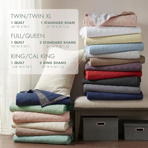 Image of Madison Park Luxurious Cotton Damask Quilt Set, 3PC King /Cal King Bed Set | All Season, Lightweight Stitching Coverlet Bedspread Bedding Stitching with Shams, seafoam