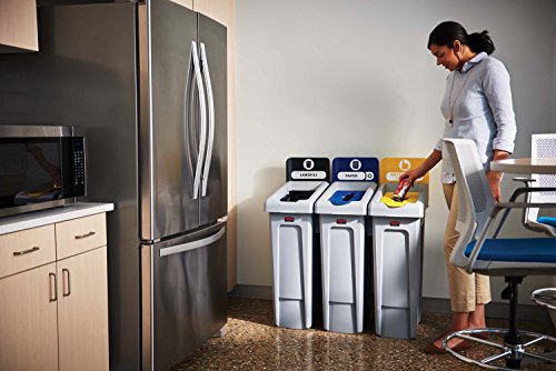Image of Rubbermaid Commercial Products Slim Jim Recycling Station, 3 Stream Landfill /Paper /Bottles Cans