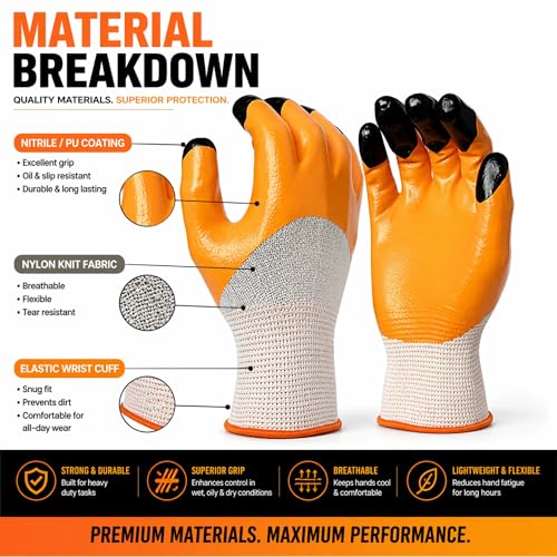 Image of Multipurpose Use |Anti Cut Nitrile Coated Nylon Knitting Work Safety Gloves | Hand & Fingers, Gardening, Construction, Agriculture & Automotive - Durable & Comfortable (ORANGEBLACK-5PAIRS)
