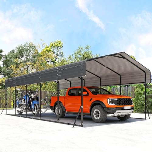 Image of 13x26FT Metal Carport,Heavy Duty Carport with Reinforced Frame and Galvanized Steel Roof, Large Outdoor Garage Shelter Shade Car Port for Pickup Trucks, Boats, Cars & Tractors, Farm Tools, Party,Gray