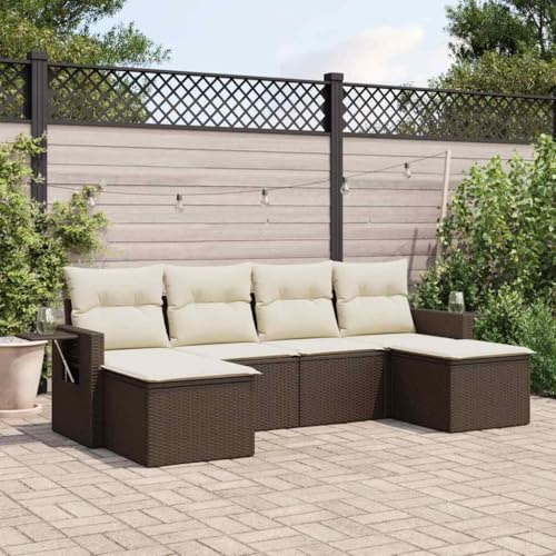 GeenYuu Salon de Jardin résine tressée Marron 6 pcs avec Coussins crème modulable pour terrasse Balcon Patio Confort Assise détente extérieur