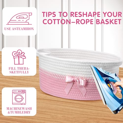 Image of Colingmill 1 Set Woven Basket for Gift Empty with Cellophane Wrap Set 14 x 10 x 5.5 Inch, Medium Decorative Gift Basket Empty to Fill, Cotton Rope Storage Box Decor (Pink White)
