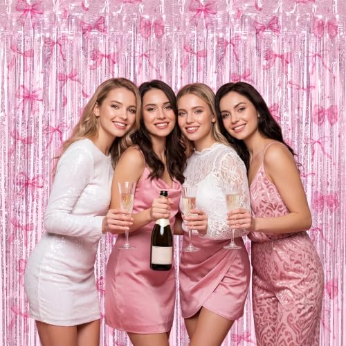 Image of TONIFUL 2Pcs Laser Pink Bow Metallic Tinsel Foil Fringe Curtain Streamers