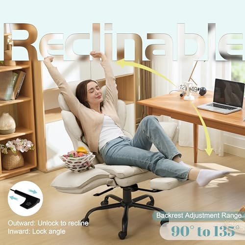 Image of Flip Armrests Criss Cross Office Chair, Reclining Office Chair with Foot Rest, Adjustable Headrest, Massage Waist Pillow, Cross Legged Big and Tall Desk Chair Wide Seat Vanity Chair, PU Leather Beige