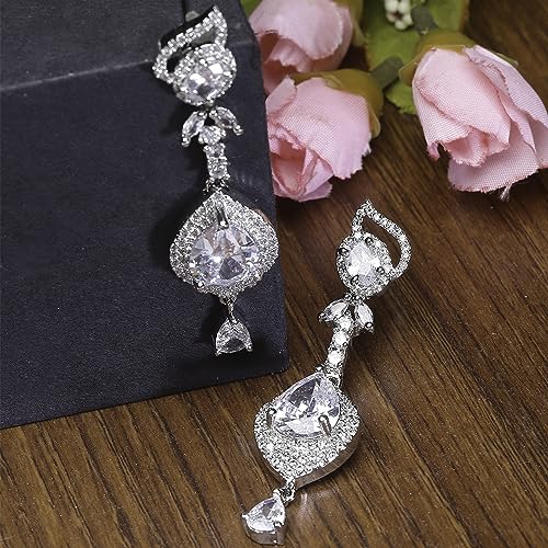 Rhodium-Plated American Diamond Teardrop Drop Earrings