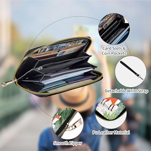 RFID Blocking Wristlet Wallet for Women – Slim PU Leather Zipper Clutch, Cute Credit Card Holder Purse with Wrist Strap for Ladies,Cute Fox in Garden4