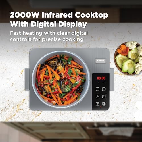 Image of Havells 2000W Hexo EZ HEAT Infrared Induction Cooctop with Digital Display| TC-20 with Grill| 6kV Surge Protection| Cool Touch Body| Fast Heating | 1 Year Door Step Warranty By Havells