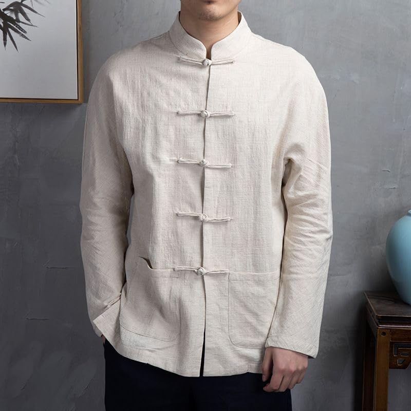 Camisa de lino para hombre estilo chino de manga larga y ajuste holgado 4