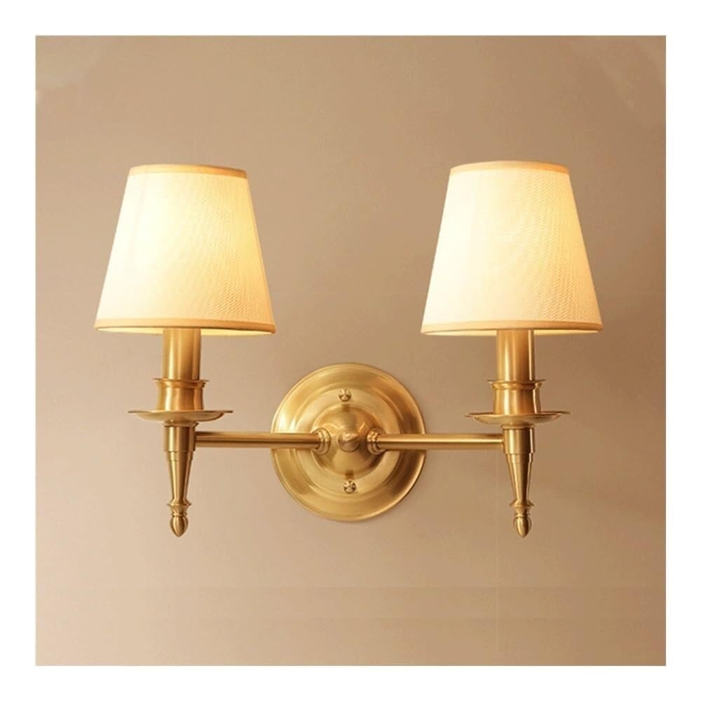 CWCQGH Wall lamp Vintage 2-Lights Wall Sconces, Brushed Brass Wall Light, Double Head Bathroom Vanity Lights Fixture with Fabric Shades, E14 Indoor Wall Lamps for Bedroom Bedsid,B-A