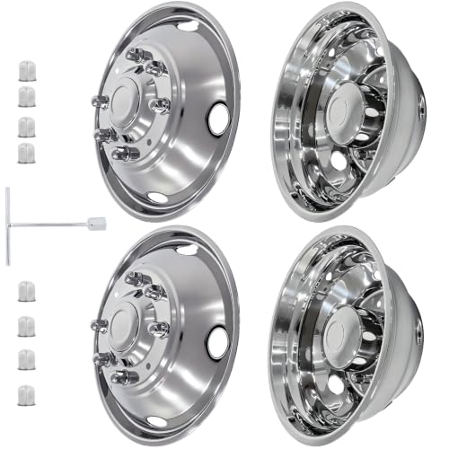 Image of hightall 19.5 Wheel Simulators, 19.5 inch 10 Lug Stainless Steel Hubcaps,Polished Surface,2Pcs Front Wheel /2Pcs Rear Wheel,Bolts On Wheel Cover Set Compatible with Ford 1999-2002 F450 /F550