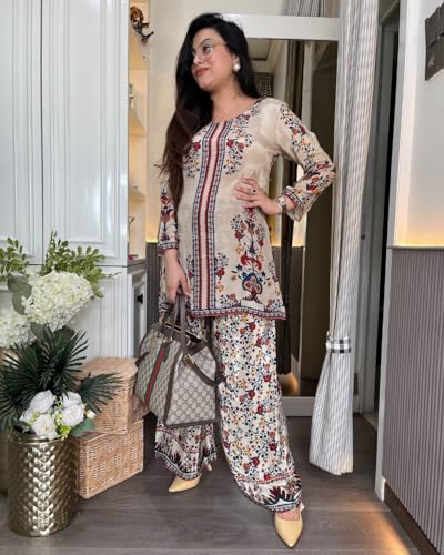 Image of GoSriKi Viscose Printed Straight Kurta with Palazzo for Women | Viscose Cream | Long Sleeve | Round Neck | Ethnic Wear Casual Wear