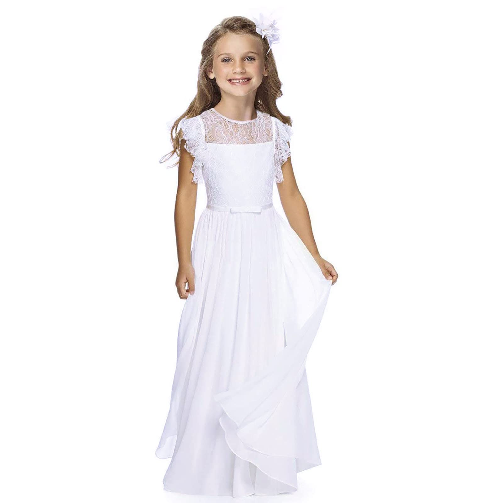 TYHTYM Vestido de niña de flores de desfile de boda vestidos de encaje vestido de baile vestido de fiesta niña vestido de fiesta de aleteo mangas blanco vestido de dama de honor